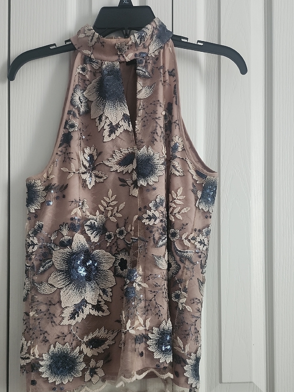 Sequin Floral Halter Tank Top - Dusty Rose and Navy